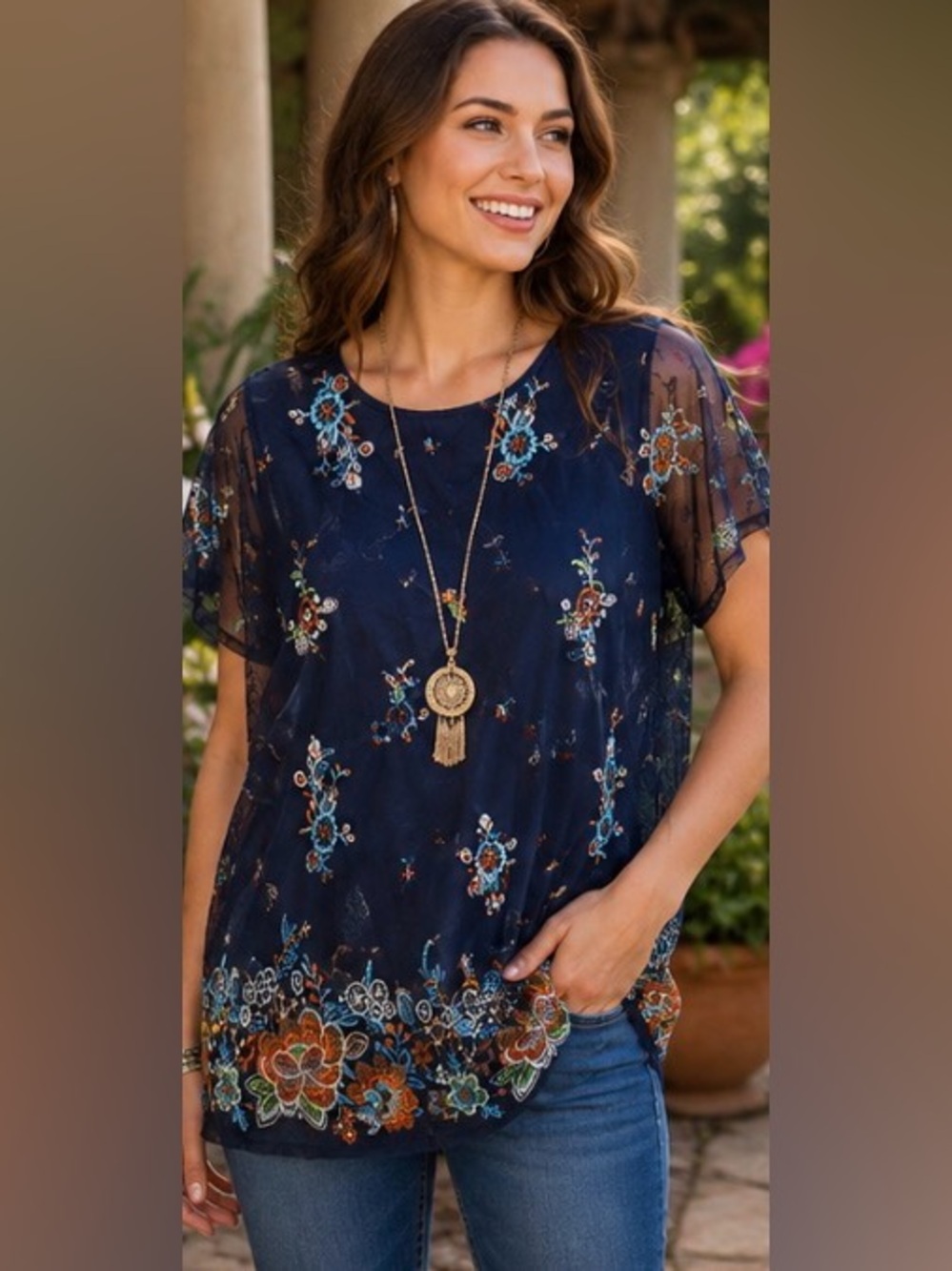 Cleo Kai Women’s Large Navy Embroidered Mesh Overlay Floral Short Sleeve Blouse